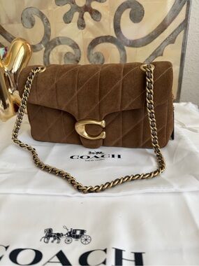 Coach Quilted Tabby 26 Cedar Suede Shoulder Bag with Gold Hardware